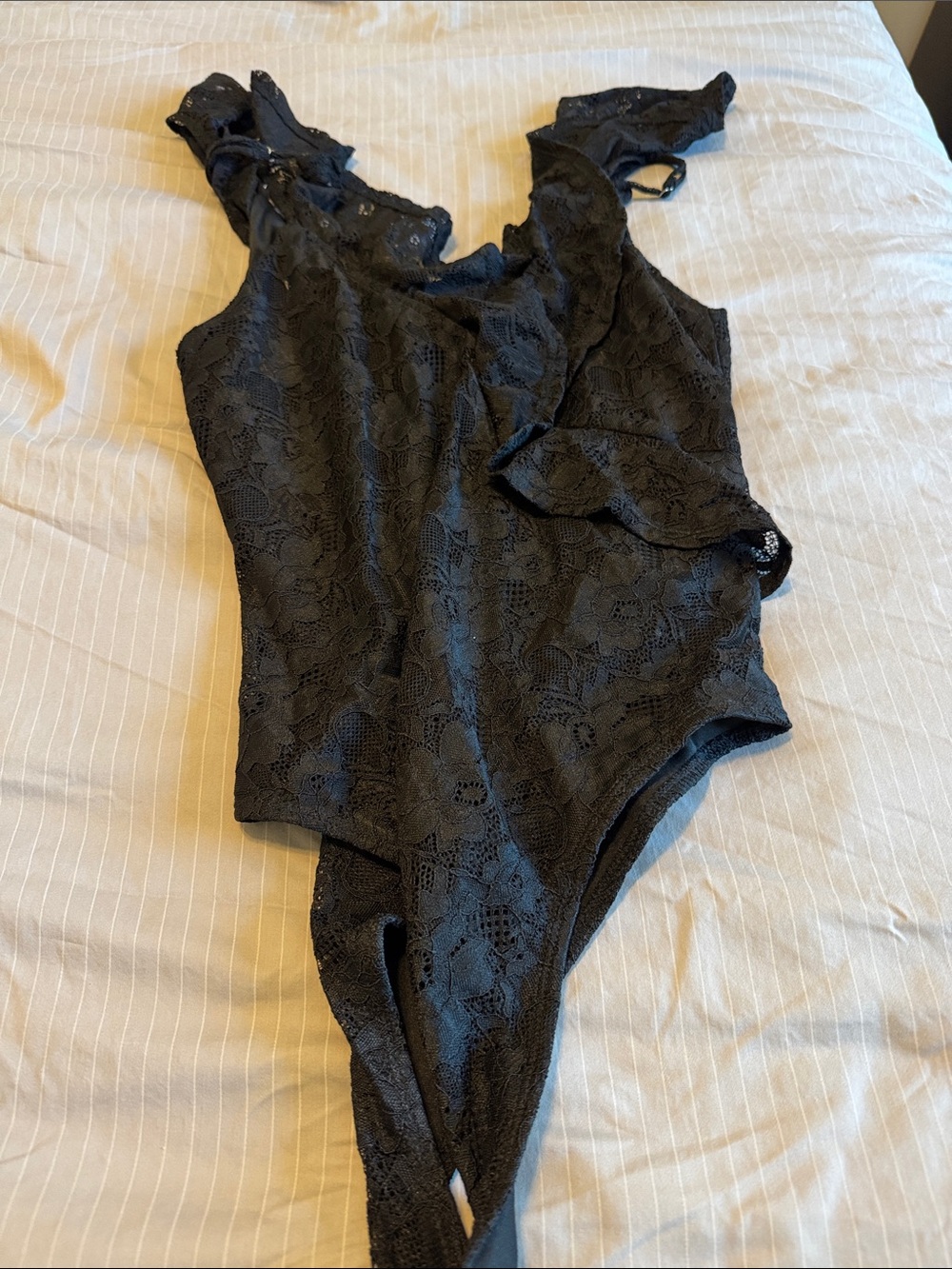 Forever 21 Black Lace Ruffle-Trim One-Piece Bodysuit
